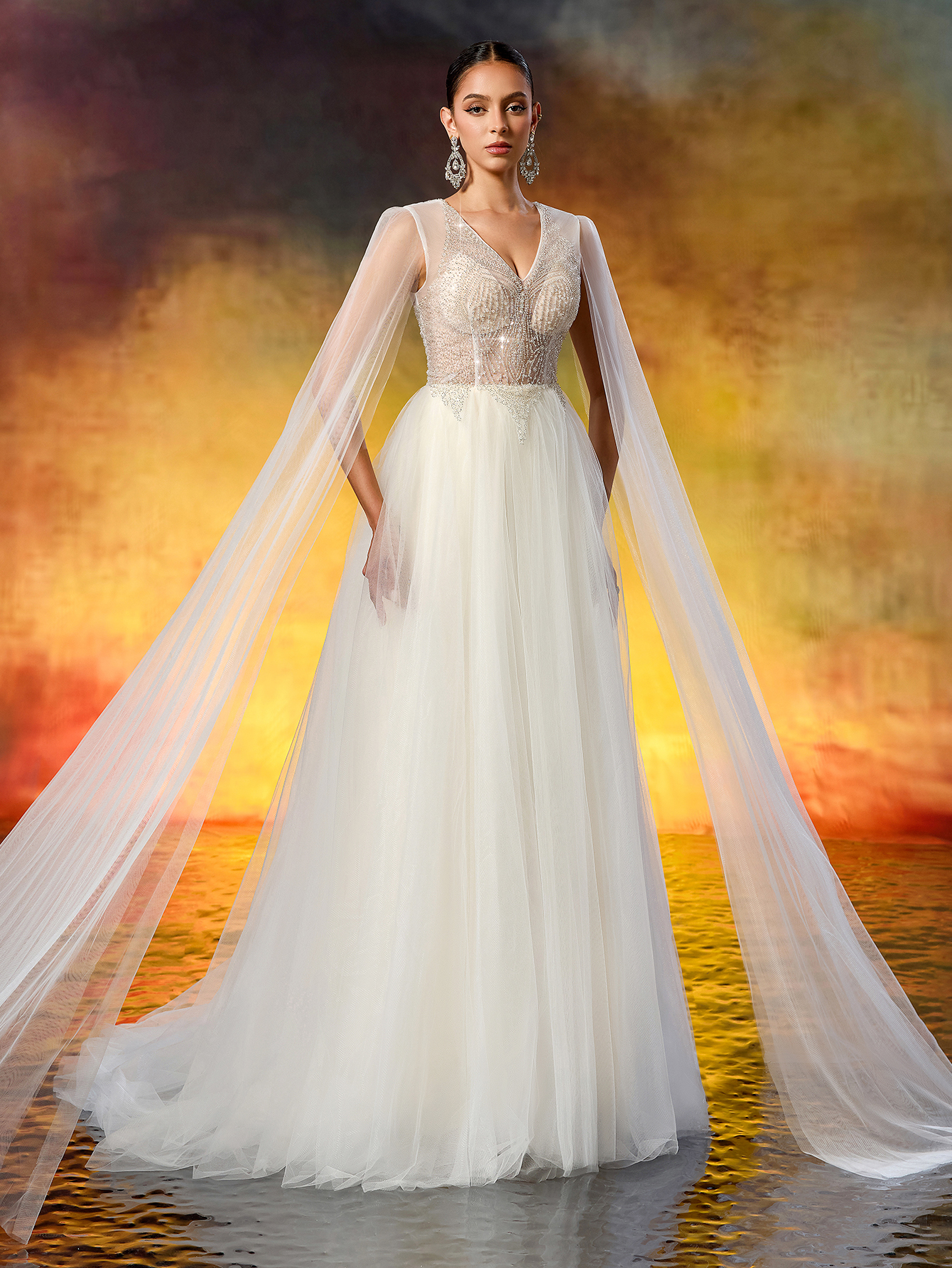 Elegant V-Neck Beaded Embroidery Wedding Dress - Sheer Long Flowing Sleeves & A-Line Tulle