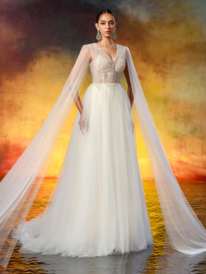 Elegant V-Neck Beaded Embroidery Wedding Dress - Sheer Long Flowing Sleeves & A-Line Tulle