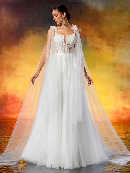 Elegant Lace Appliqué & Bowknot - Fairy Tulle A-Line Wedding Dress