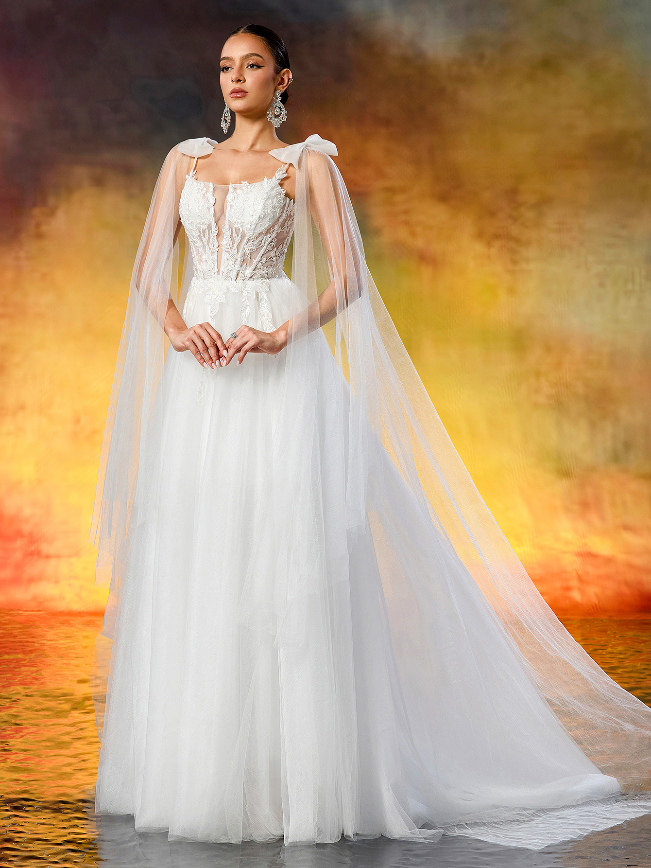 Elegant Lace Appliqué & Bowknot - Fairy Tulle A-Line Wedding Dress