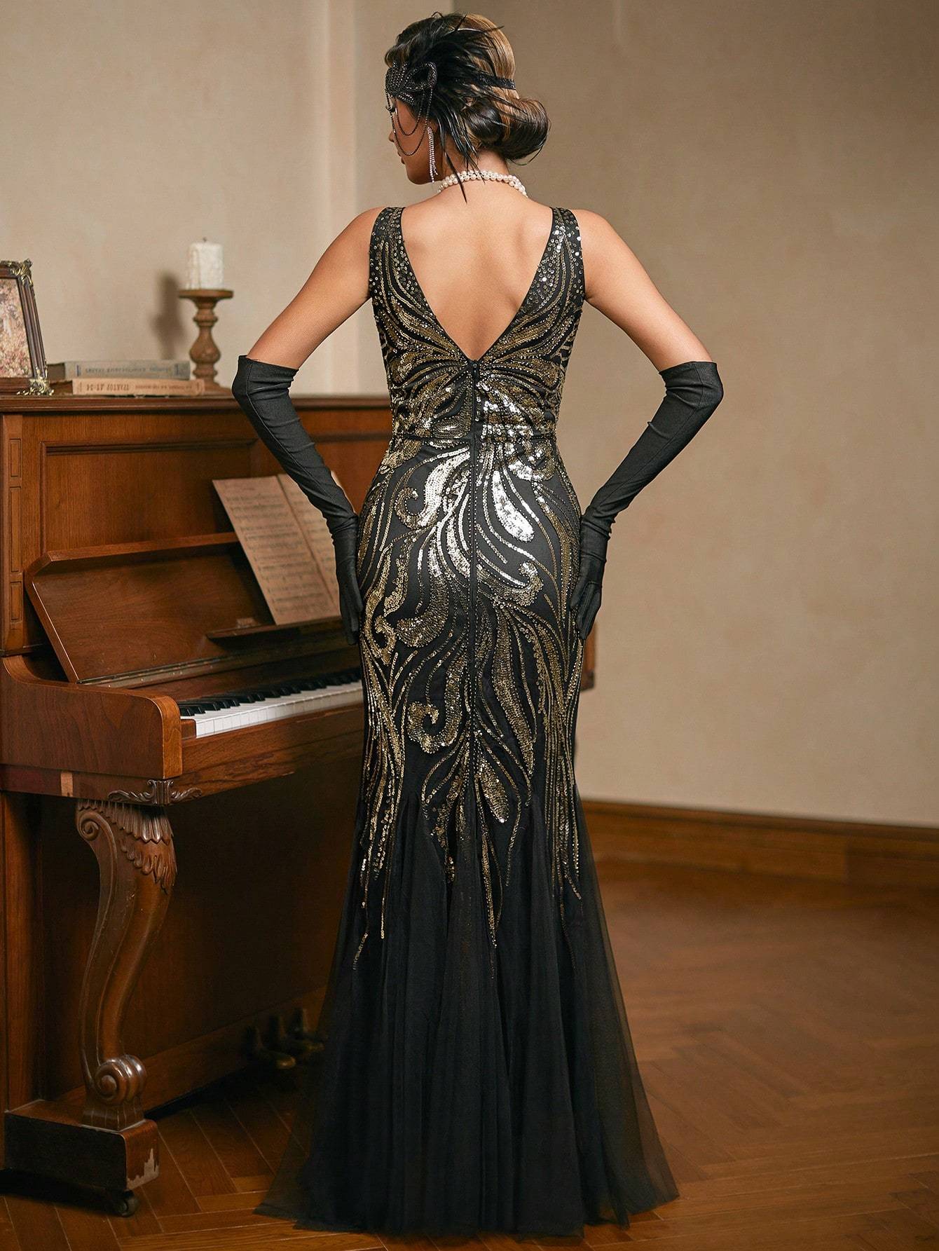 1920s Mermaid Deep V Neck Black Gold Gauze Long Prom Dresses Harlem nights party