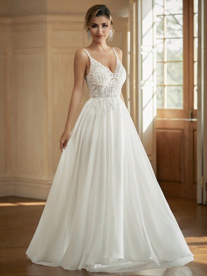 Modecrush V-Neck Sheer Wedding Dress With Embroidered Beaded White Elegant Bridal Dress