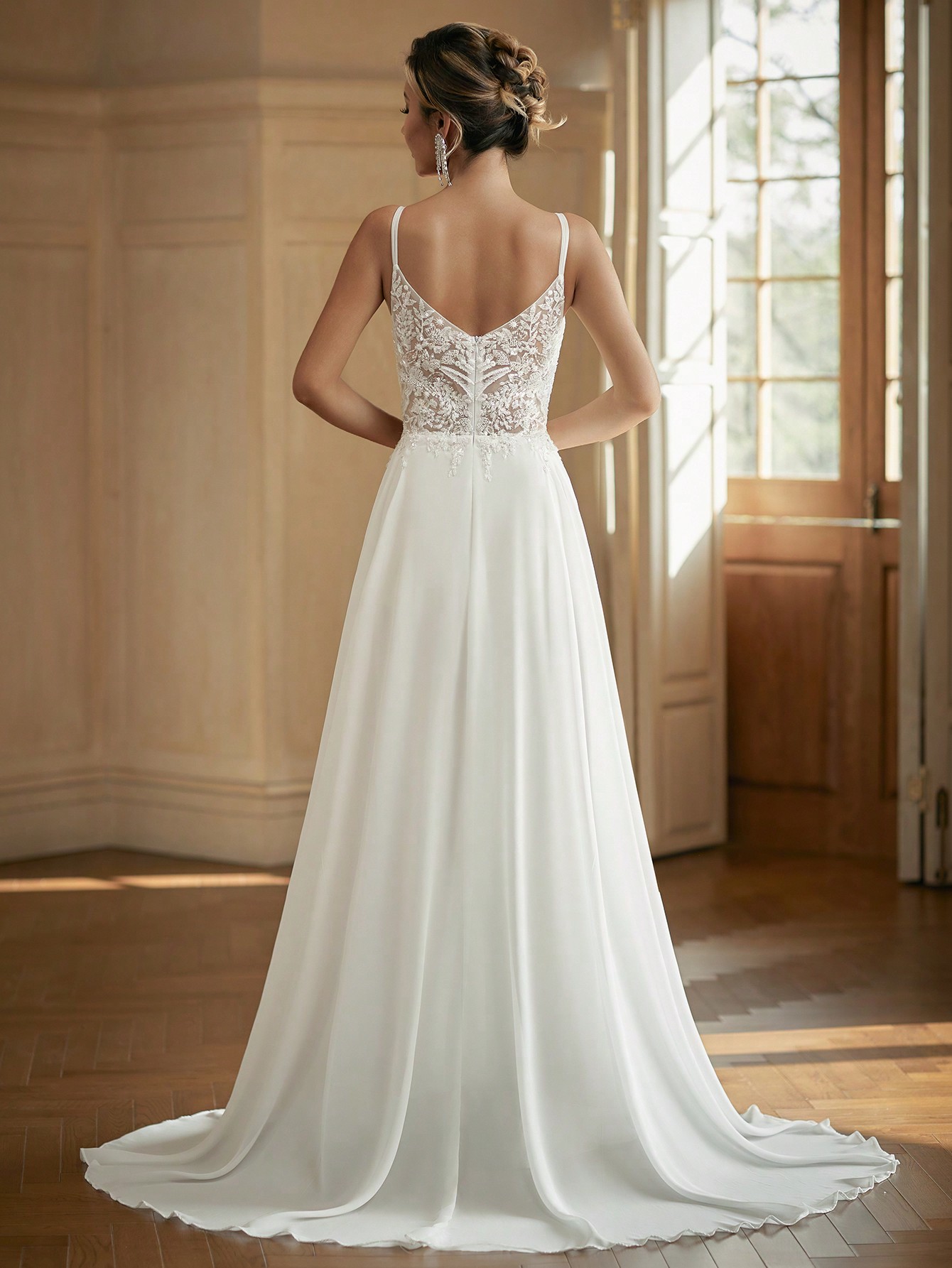 Modecrush V-Neck Sheer Wedding Dress With Embroidered Beaded White Elegant Bridal Dress