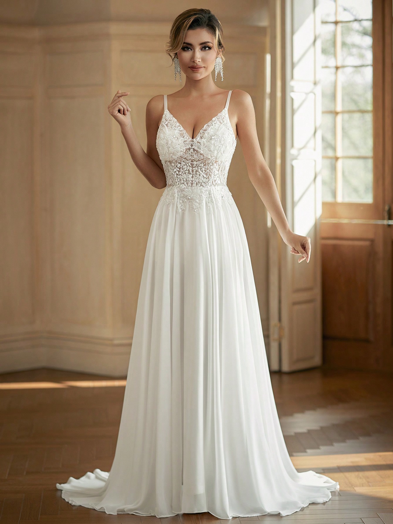 Modecrush V-Neck Sheer Wedding Dress With Embroidered Beaded White Elegant Bridal Dress