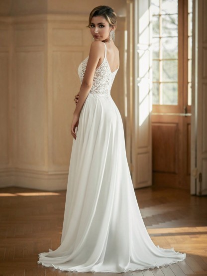 Modecrush V-Neck Sheer Wedding Dress With Embroidered Beaded White Elegant Bridal Dress