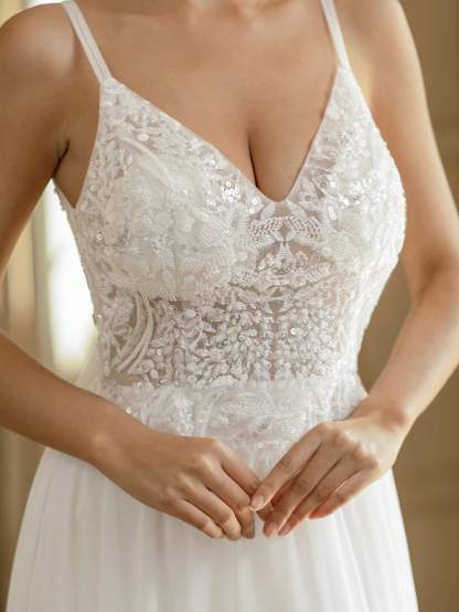 Modecrush V-Neck Sheer Wedding Dress With Embroidered Beaded White Elegant Bridal Dress