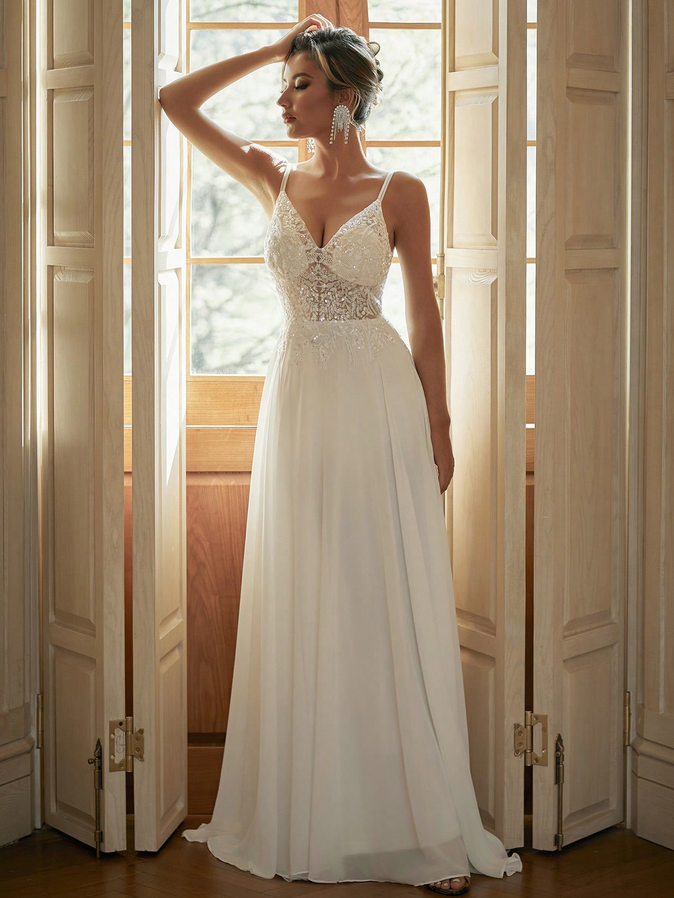 Modecrush V-Neck Sheer Wedding Dress With Embroidered Beaded White Elegant Bridal Dress