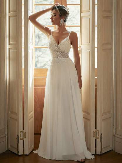 Modecrush V-Neck Sheer Wedding Dress With Embroidered Beaded White Elegant Bridal Dress