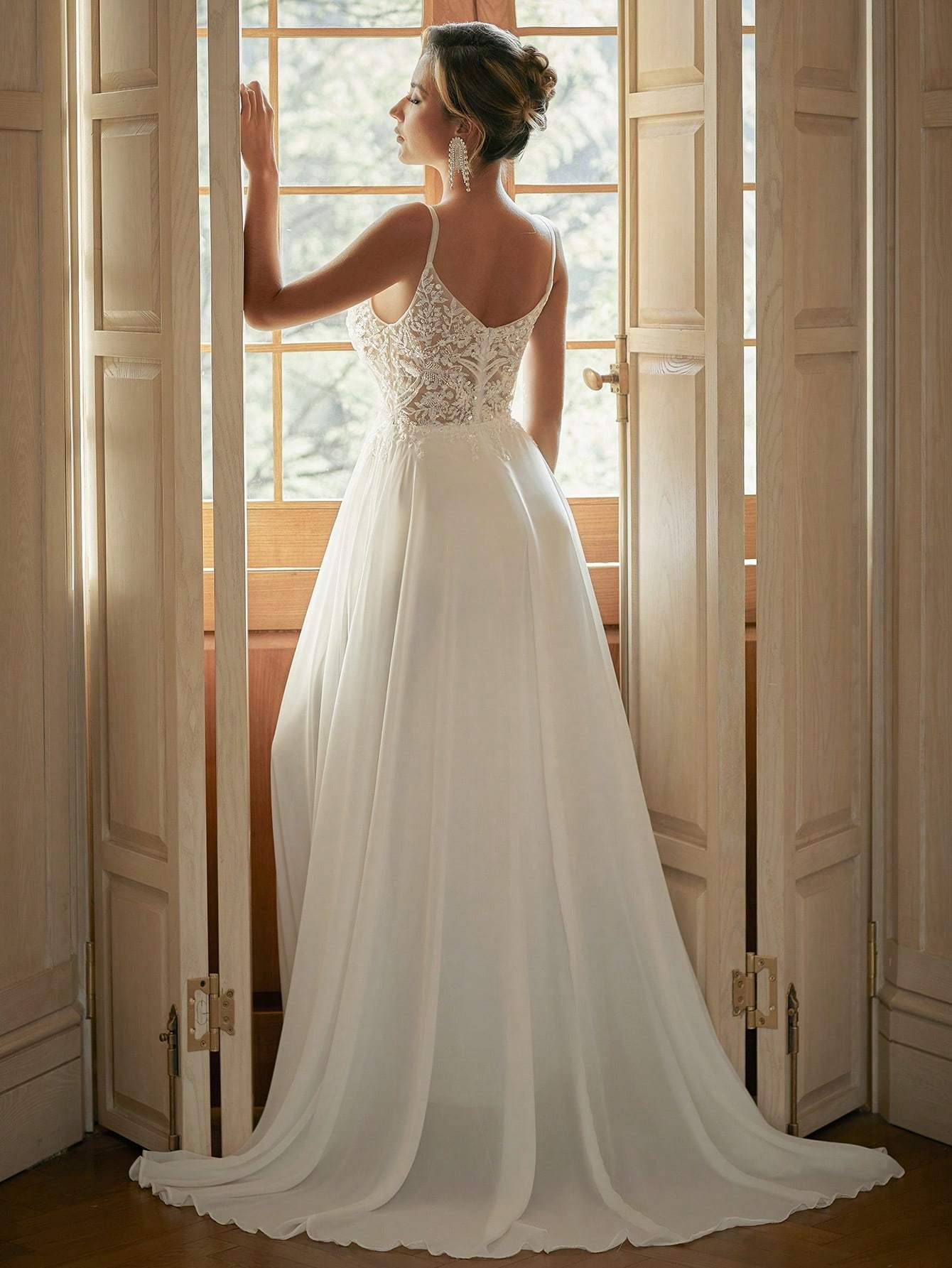 Modecrush V-Neck Sheer Wedding Dress With Embroidered Beaded White Elegant Bridal Dress