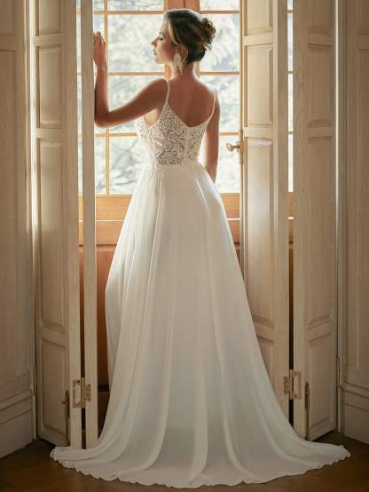 Modecrush V-Neck Sheer Wedding Dress With Embroidered Beaded White Elegant Bridal Dress