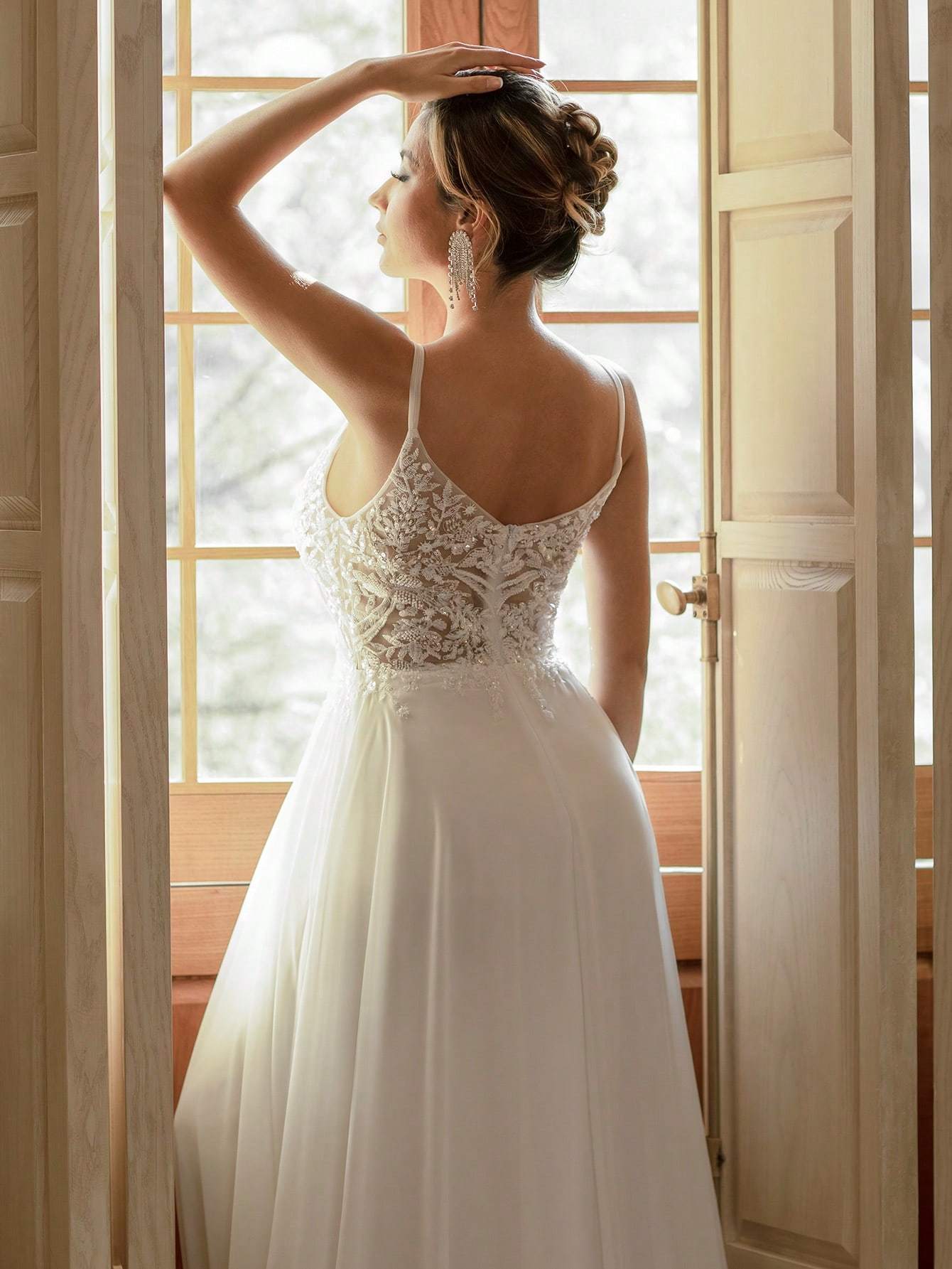Modecrush V-Neck Sheer Wedding Dress With Embroidered Beaded White Elegant Bridal Dress