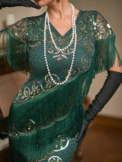 Modecrush Women's 1920s Flapper Fringe Dress, Sequin Glitter Party Ball Gown