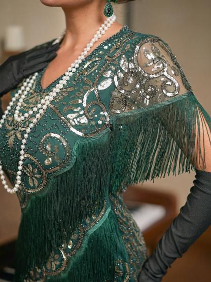 Modecrush Women's 1920s Flapper Fringe Dress, Sequin Glitter Party Ball Gown