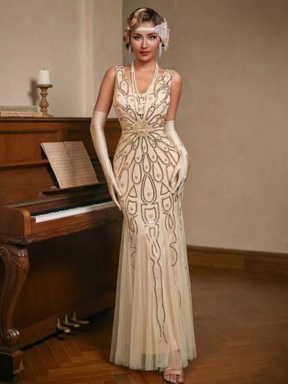 1920s Flapper Glitter Dresses V-neck Peacock Pattern Retro Dress, New Year's Eve Prom Dress with Bra Pads