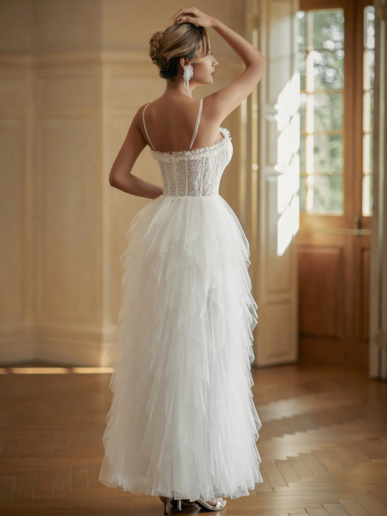 Modecrush Trendy White Wedding Dress, Tiered Tulle with Delicate Straps, Chic Bridal Gown, Porm Gown