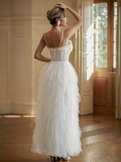 Modecrush Trendy White Wedding Dress, Tiered Tulle with Delicate Straps, Chic Bridal Gown, Porm Gown