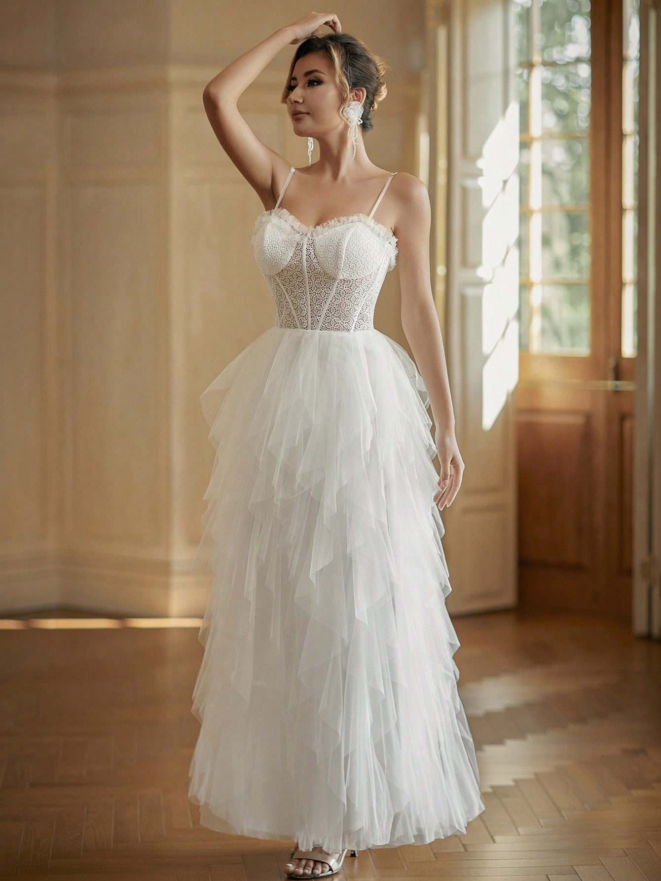 Modecrush Trendy White Wedding Dress, Tiered Tulle with Delicate Straps, Chic Bridal Gown, Porm Gown