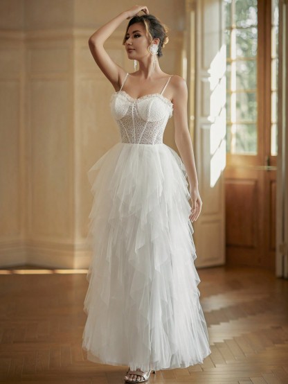 Modecrush Trendy White Wedding Dress, Tiered Tulle with Delicate Straps, Chic Bridal Gown, Porm Gown