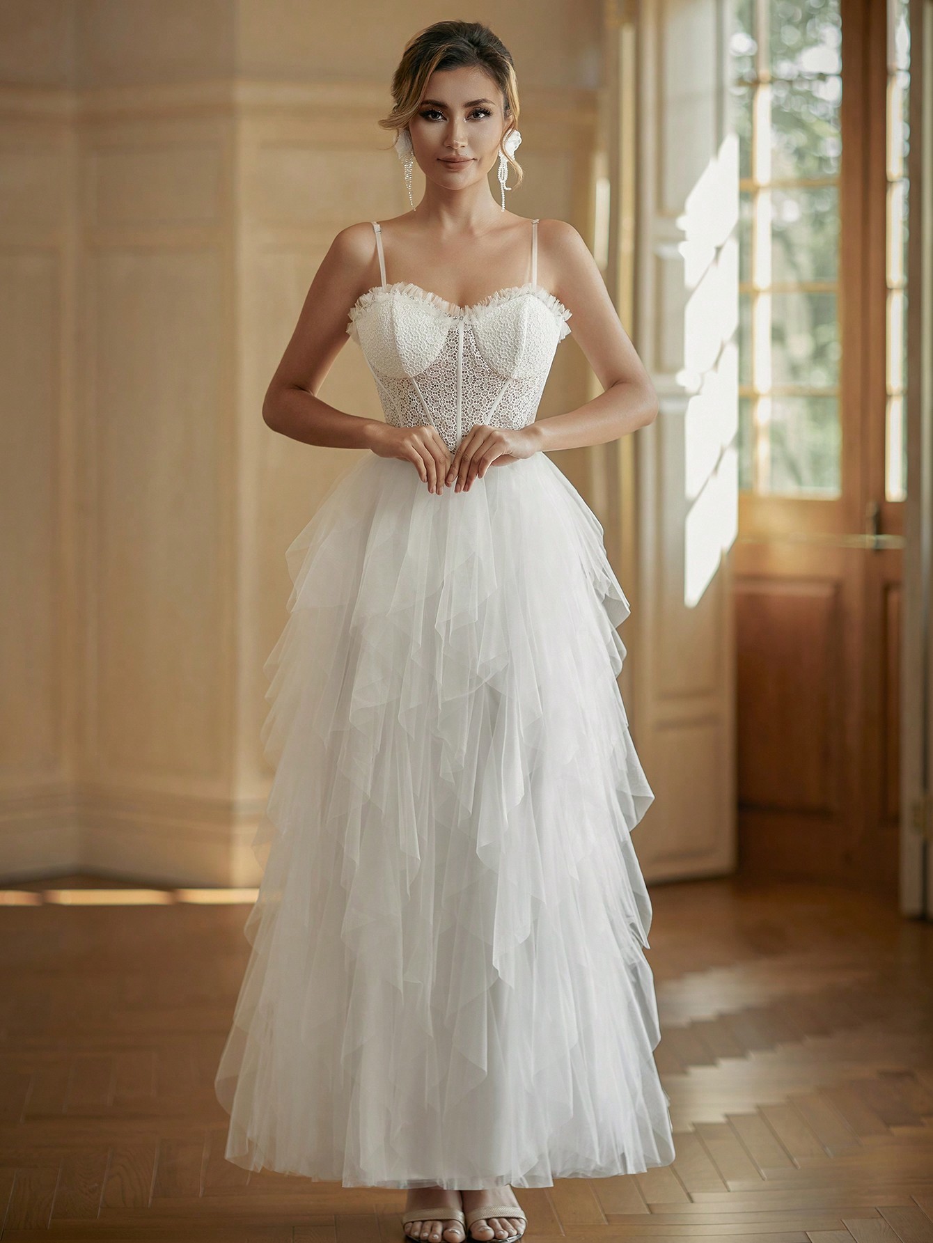 Modecrush Trendy White Wedding Dress, Tiered Tulle with Delicate Straps, Chic Bridal Gown, Porm Gown