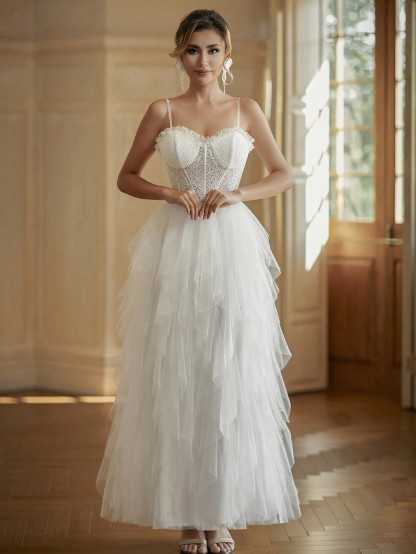 Modecrush Trendy White Wedding Dress, Tiered Tulle with Delicate Straps, Chic Bridal Gown, Porm Gown