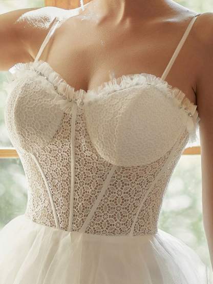 Modecrush Trendy White Wedding Dress, Tiered Tulle with Delicate Straps, Chic Bridal Gown, Porm Gown