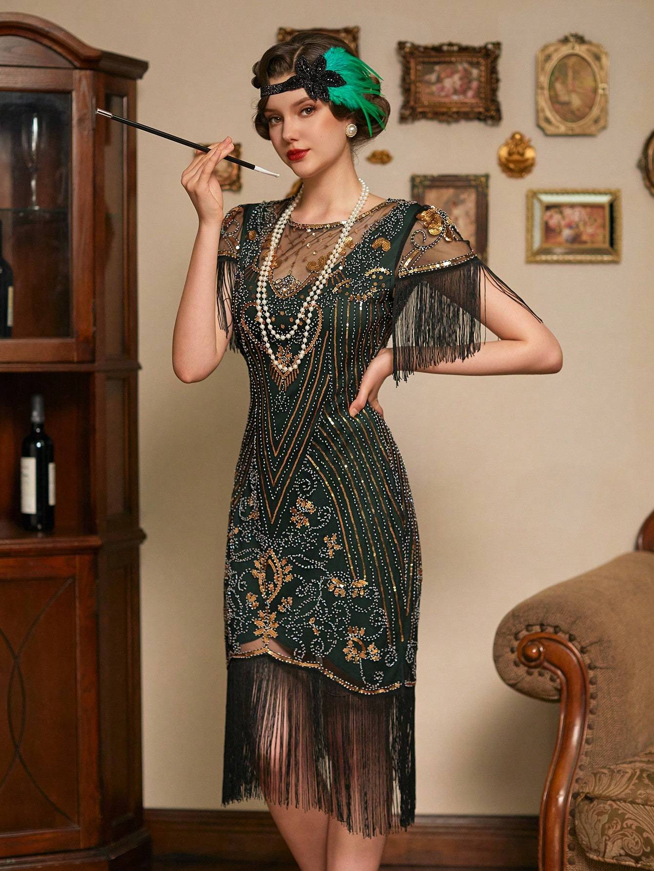 Modecrush 1920s DarkGreen Sequin Decor Fringe Hem Party Dress
