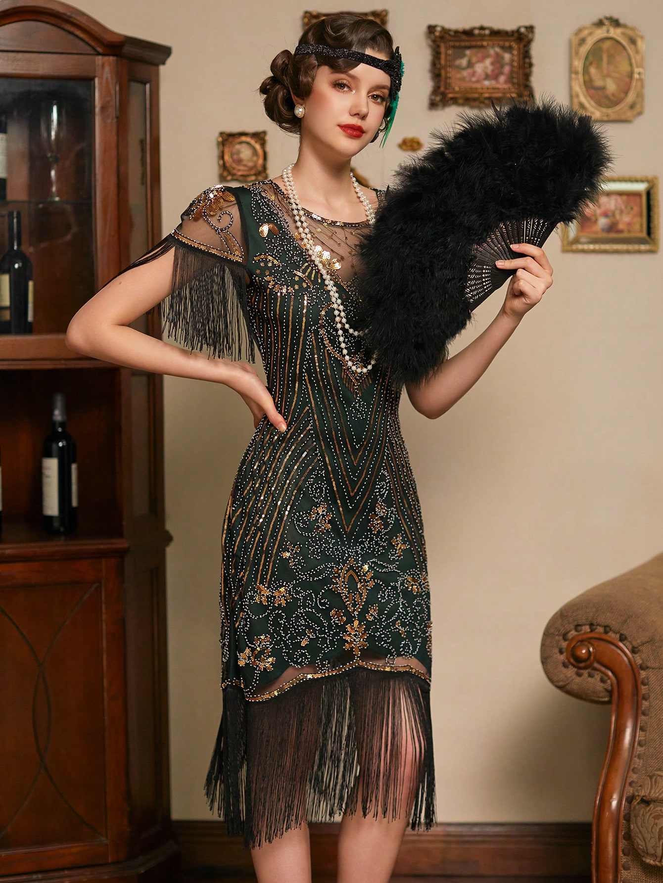 Modecrush 1920s DarkGreen Sequin Decor Fringe Hem Party Dress