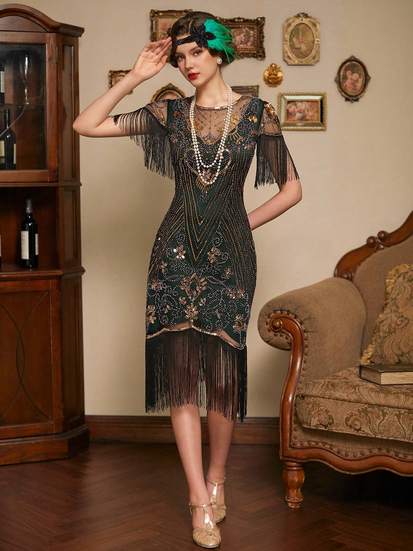 Modecrush 1920s DarkGreen Sequin Decor Fringe Hem Party Dress