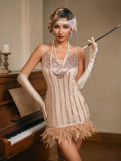 Champagne Retro Prom Dress Glitter Retro Dress with Sleeveless and Feather dress hem, Accessories and gloves are omitted