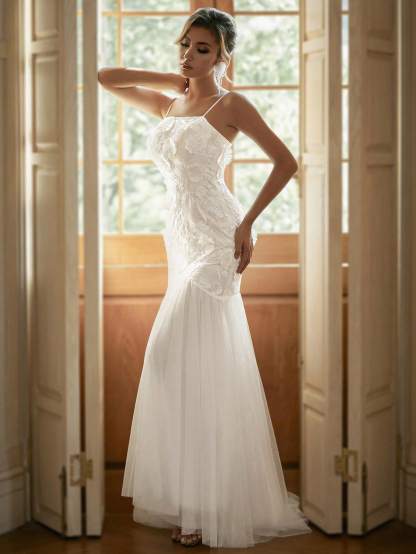 Modecrush Beaded Women Wedding Dress , White Off-the-shoulder Elegant Bridal Dress, for Wedding, Dinner