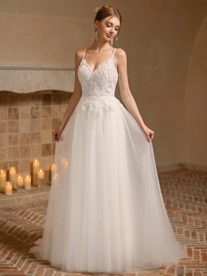 Modecrush Gorgeous Spaghetti Strap Dress with Floral Appliques, A-line Train Elegant Bridal Gown, for Party, Wedding, Graduation Dress