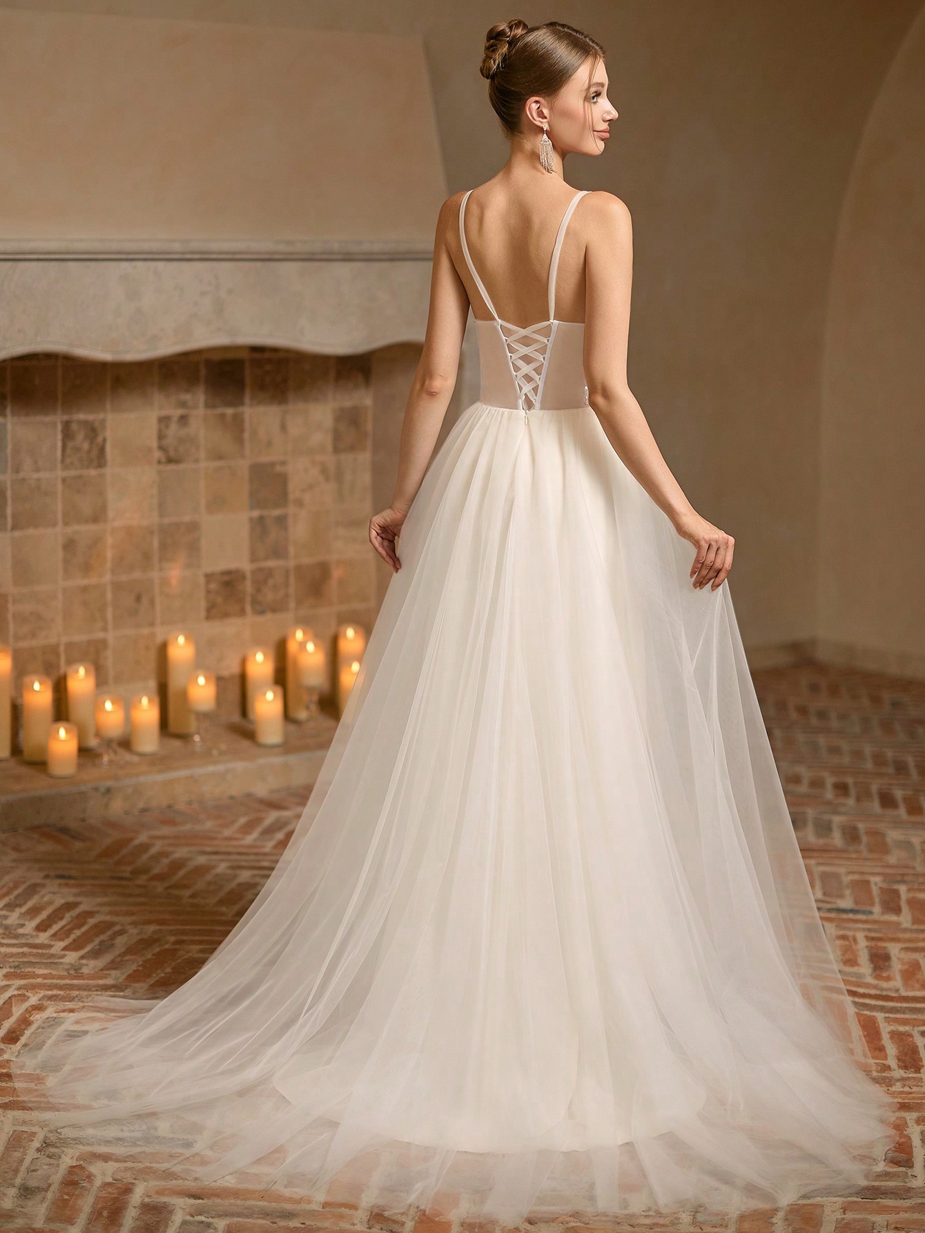 Modecrush Gorgeous Spaghetti Strap Dress with Floral Appliques, A-line Train Elegant Bridal Gown, for Party, Wedding, Graduation Dress