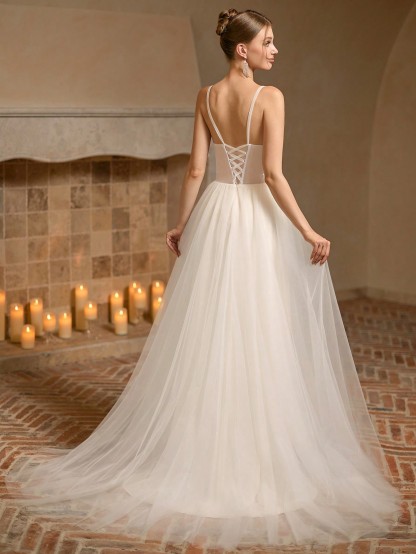 Modecrush Gorgeous Spaghetti Strap Dress with Floral Appliques, A-line Train Elegant Bridal Gown, for Party, Wedding, Graduation Dress