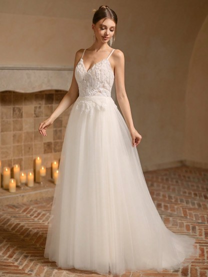 Modecrush Gorgeous Spaghetti Strap Dress with Floral Appliques, A-line Train Elegant Bridal Gown, for Party, Wedding, Graduation Dress