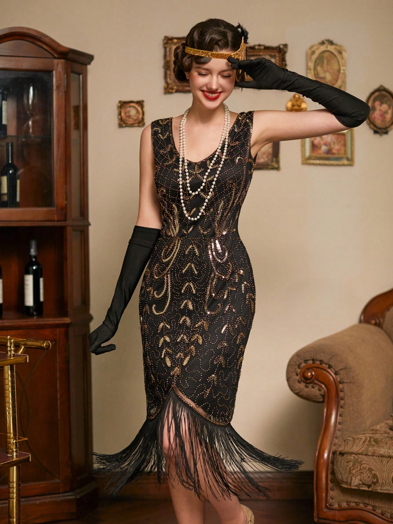 Modecrush V-neck Vintage Fishtail Flowing Dress Sequin Beaded Tassel Harlem Nights Party