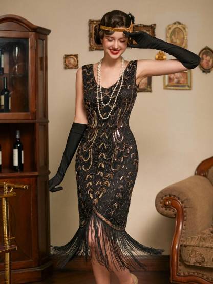 Modecrush V-neck Vintage Fishtail Flowing Dress Sequin Beaded Tassel Harlem Nights Party
