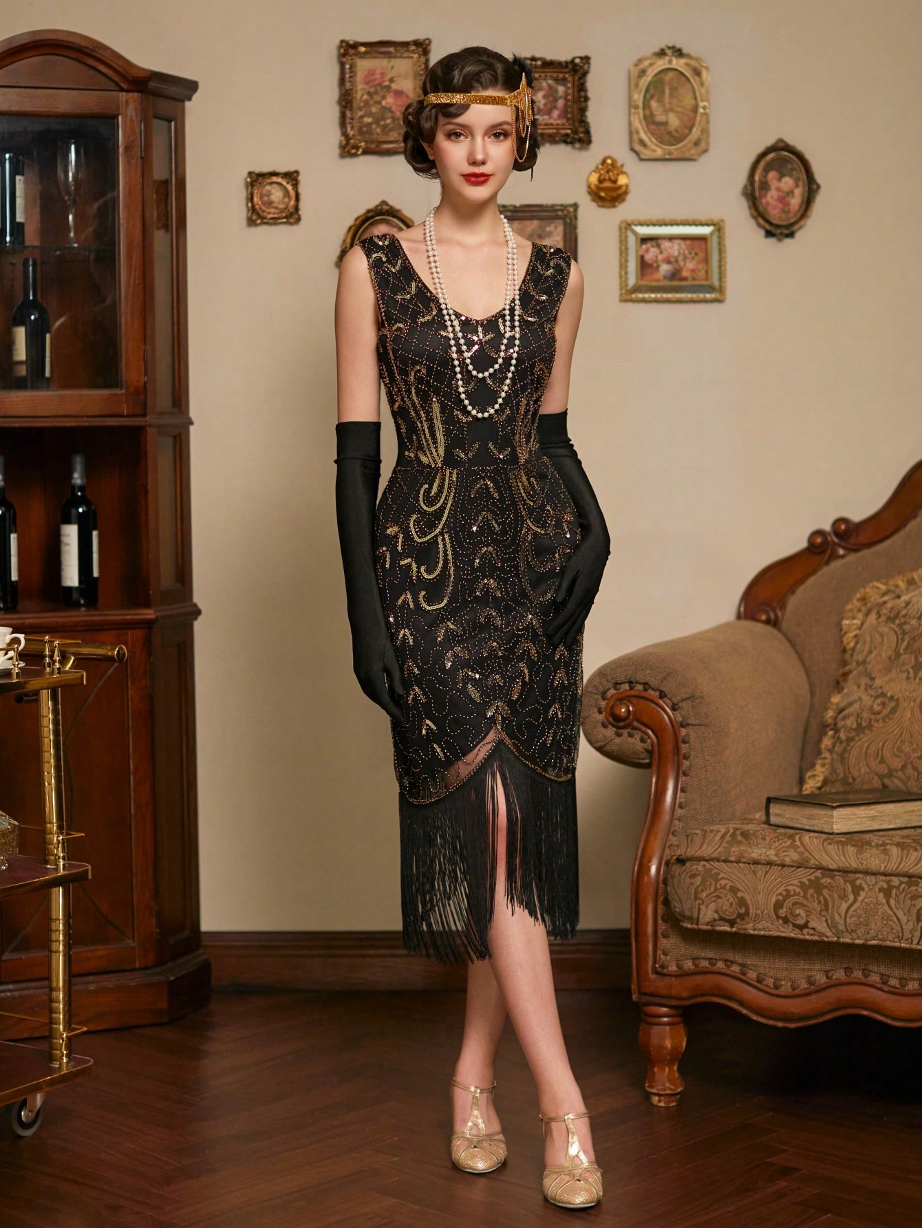 Modecrush V-neck Vintage Fishtail Flowing Dress Sequin Beaded Tassel Harlem Nights Party