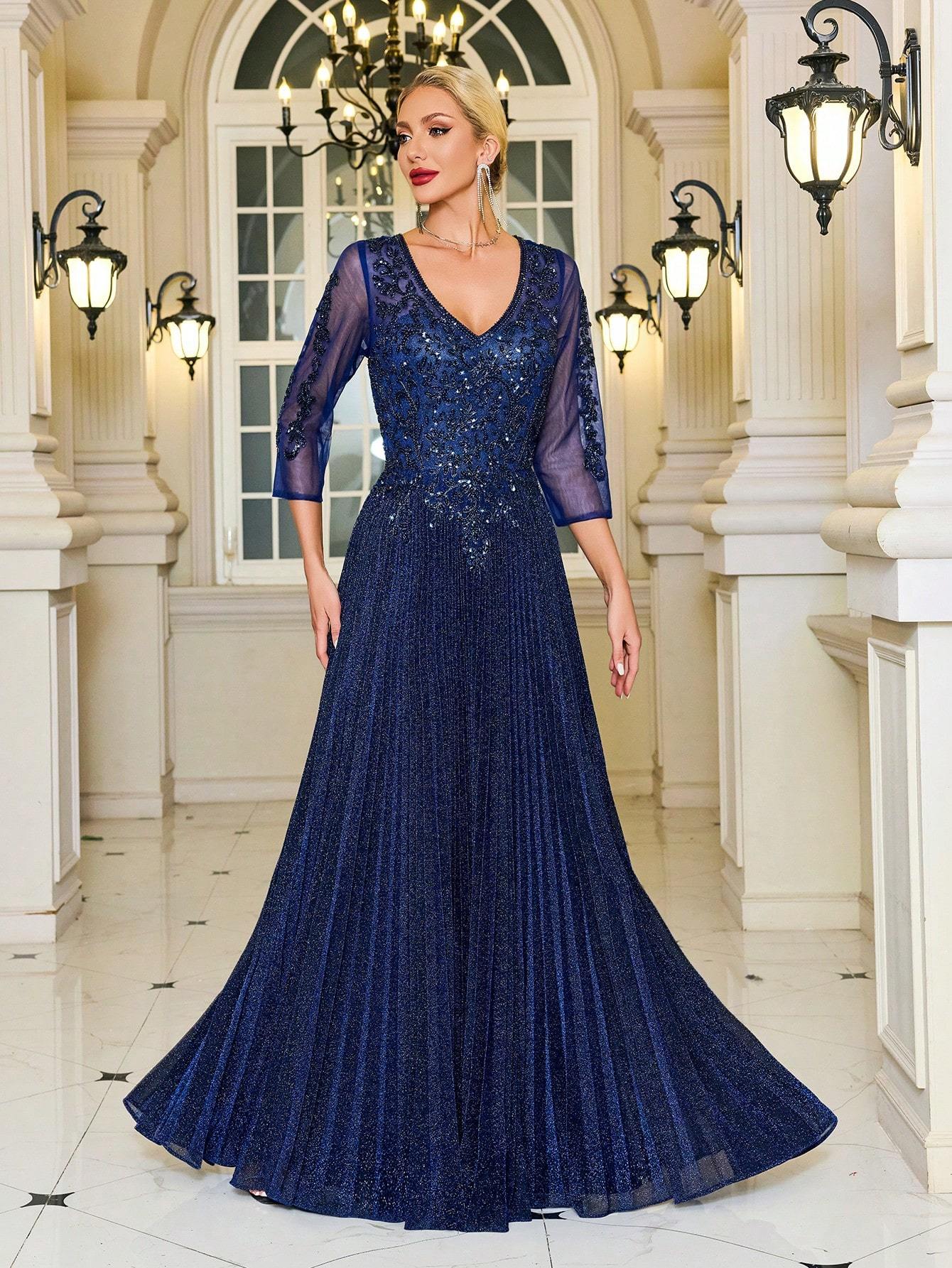 Modecrush V-Neck Navy Glittery Formal Evening Gown, 3/4 Sleeve Mother of the Bride Dress, For Wedding, Dinner, Mothers Day Outfit
