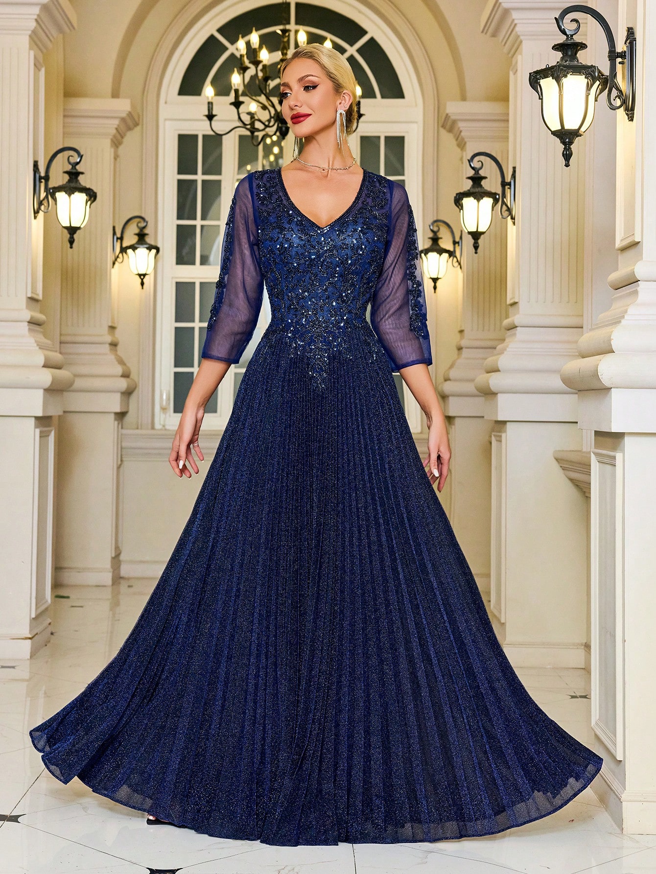 Modecrush V-Neck Navy Glittery Formal Evening Gown, 3/4 Sleeve Mother of the Bride Dress, For Wedding, Dinner, Mothers Day Outfit