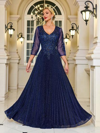 Modecrush V-Neck Navy Glittery Formal Evening Gown, 3/4 Sleeve Mother of the Bride Dress, For Wedding, Dinner, Mothers Day Outfit