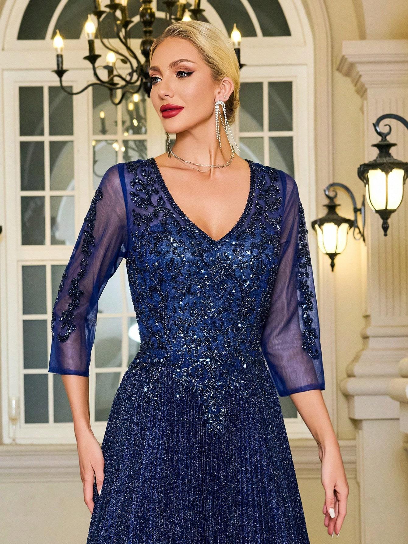 Modecrush V-Neck Navy Glittery Formal Evening Gown, 3/4 Sleeve Mother of the Bride Dress, For Wedding, Dinner, Mothers Day Outfit