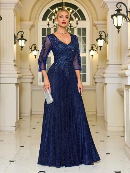 Modecrush V-Neck Navy Glittery Formal Evening Gown, 3/4 Sleeve Mother of the Bride Dress, For Wedding, Dinner, Mothers Day Outfit
