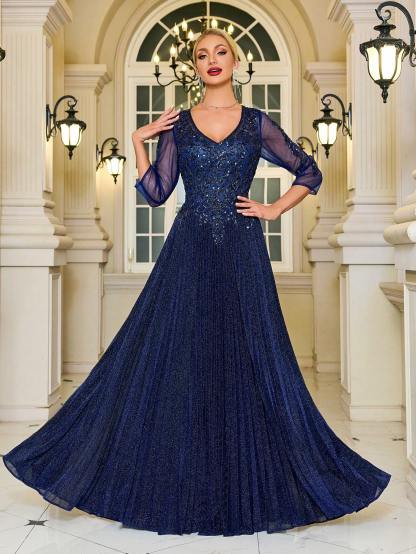 Modecrush V-Neck Navy Glittery Formal Evening Gown, 3/4 Sleeve Mother of the Bride Dress, For Wedding, Dinner, Mothers Day Outfit