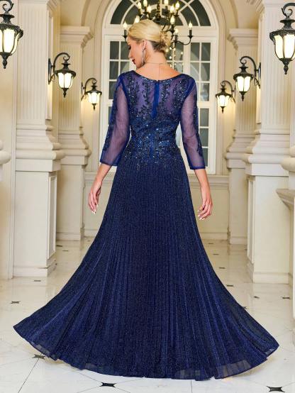 Modecrush V-Neck Navy Glittery Formal Evening Gown, 3/4 Sleeve Mother of the Bride Dress, For Wedding, Dinner, Mothers Day Outfit