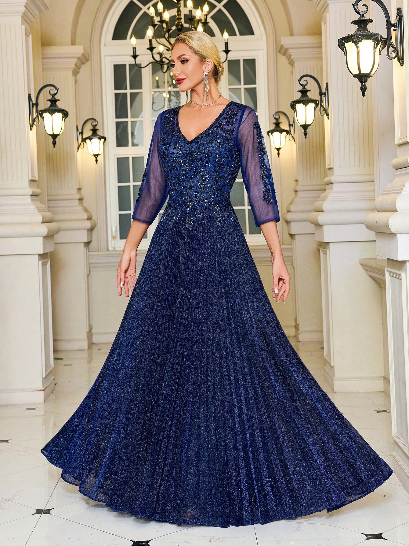 Modecrush V-Neck Navy Glittery Formal Evening Gown, 3/4 Sleeve Mother of the Bride Dress, For Wedding, Dinner, Mothers Day Outfit