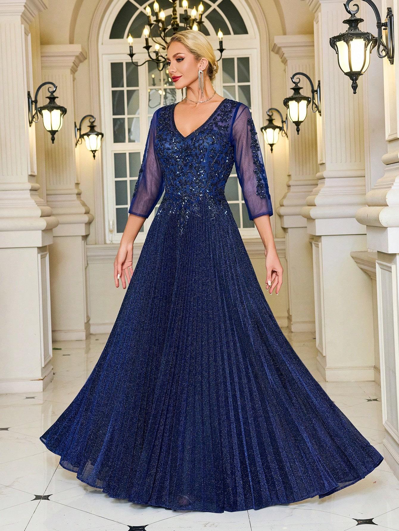 Modecrush V-Neck Navy Glittery Formal Evening Gown, 3/4 Sleeve Mother of the Bride Dress, For Wedding, Dinner, Mothers Day Outfit