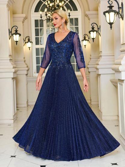 Modecrush V-Neck Navy Glittery Formal Evening Gown, 3/4 Sleeve Mother of the Bride Dress, For Wedding, Dinner, Mothers Day Outfit