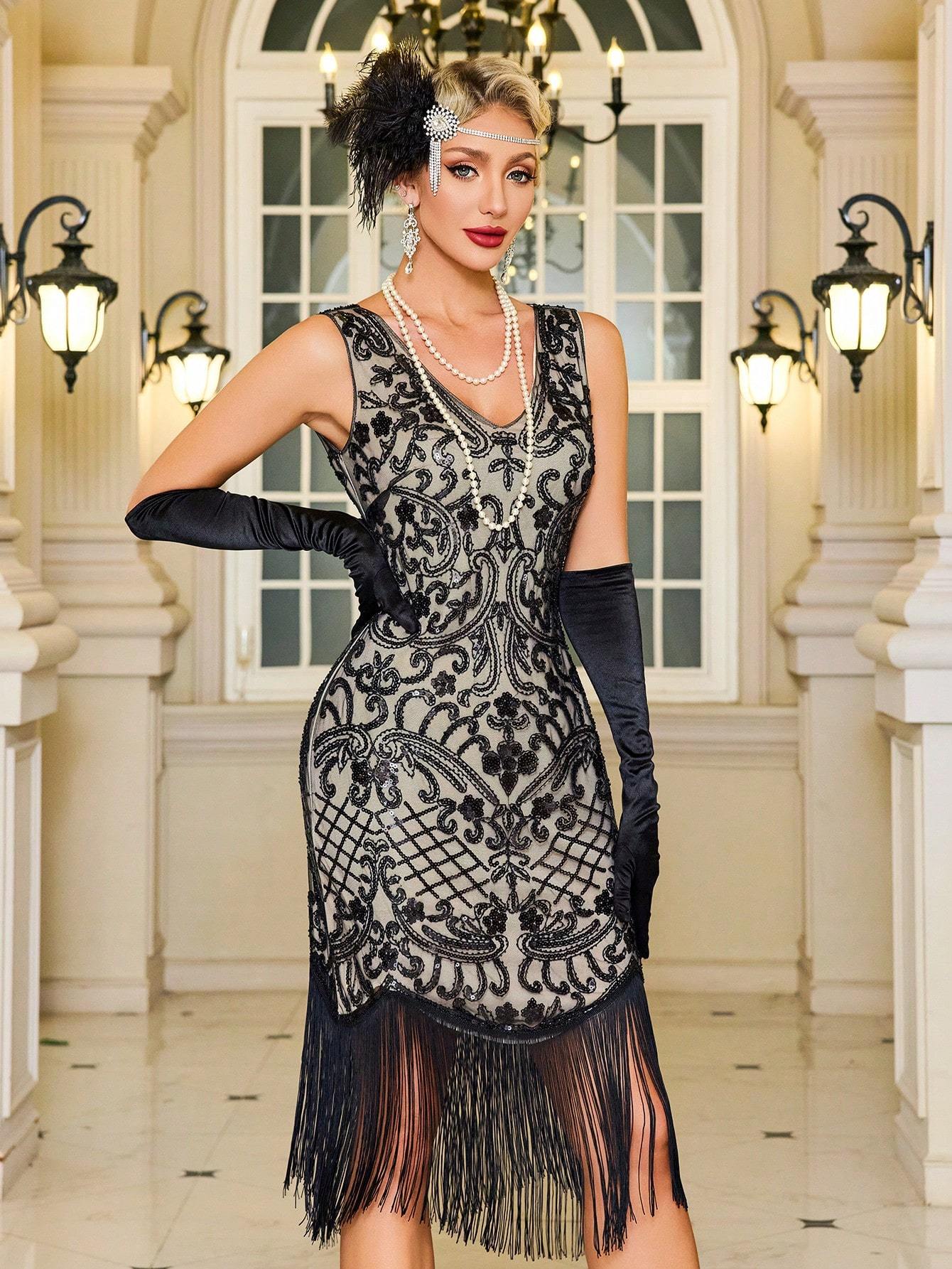 1920s Gatsby Dress Wedding Party Gown, Beaded Sequins Mesh Dress, suitable for Cocktail Party