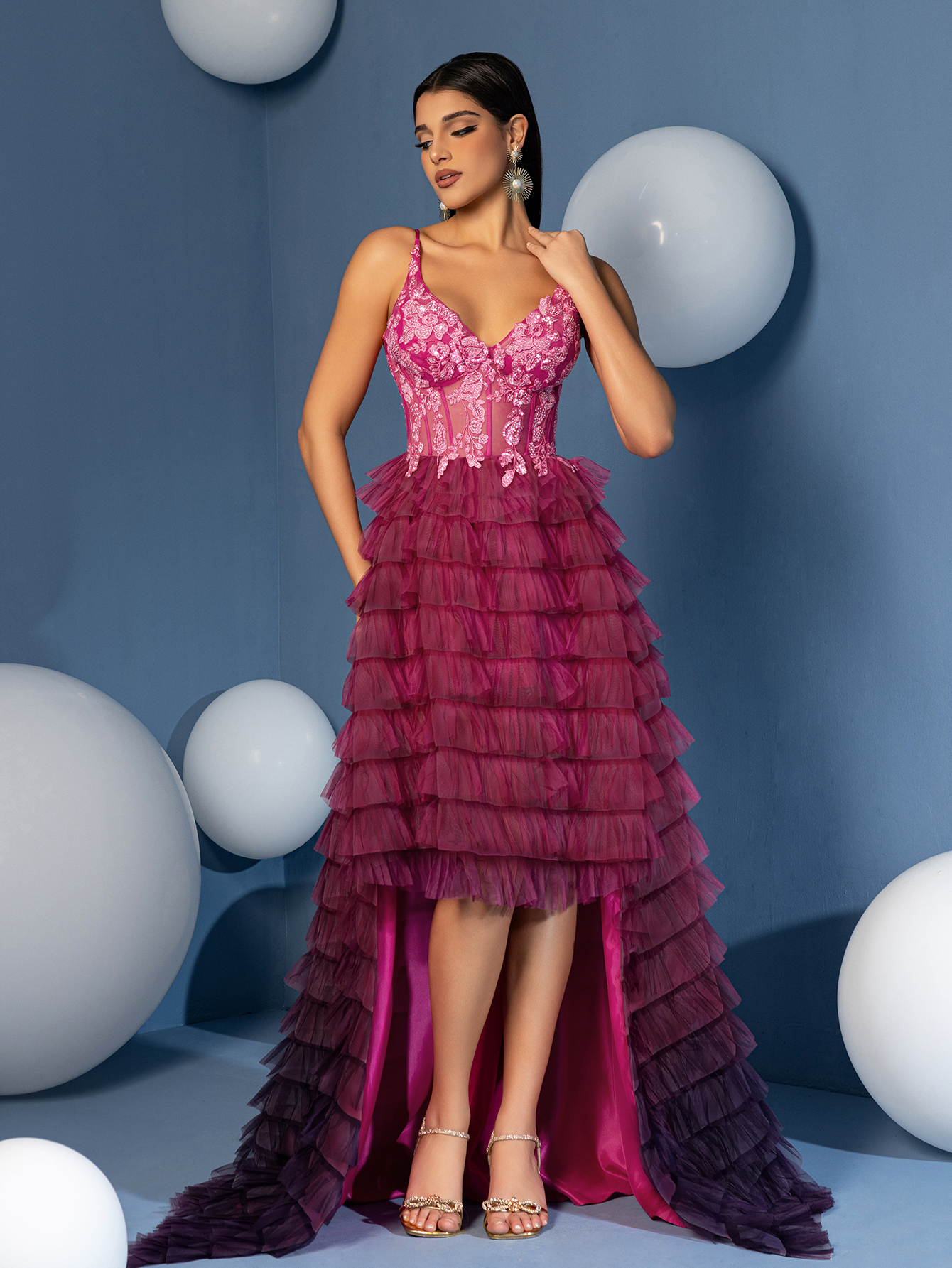 Modecrush A Line V Neck High Low Gradient Ruffle Skirt Prom Homecoming Dress