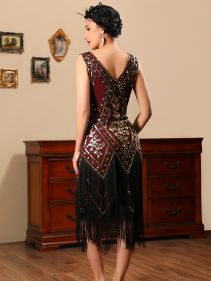Modecrush Long Fringed Gatsby Dress Women's 1920s Fringe Trim Sequin Dress Without Arm Sleeves